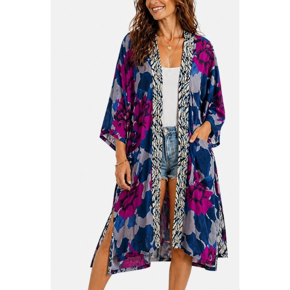 Soft Surroundings Artika Kimono Duster L/XL Floral Shell Accents Boho Coastal